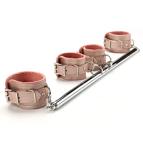 Sovyime Silver Adjustable Exercise Spreader Bar with 4 Fur Pink Adjustable Straps, Yoga Training Fitness Gear, Home Pilates Tools, Workout Bar,Sports Gym Kit