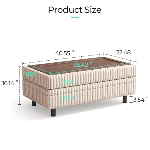 Image of LINSY HOME Storage Ottoman Bench, 40 inch Convertible Coffee Table Plush Corduroy Foot Rest Ottoman for Living Room, Bedroom, Guest Room, Entryway, Beige