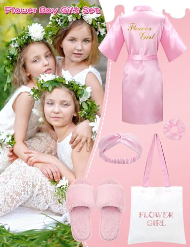 10 Pcs Flower Girl Robe Set Flower Girl Robes Slippers Canvas Bag Hairbands Hair Ties for Spa Birthday Wedding Party3