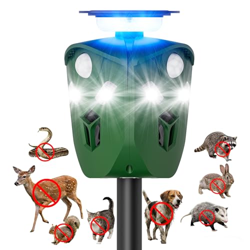 Solar Ultrasonic Animal Repellent for Garden & Yard, 360° Motion-Activated Deer Repellent Device with Flashing Lights, Safe Outdoor Deterrent for Deer, Raccoons, Rabbits, Squirrels, Cats & More