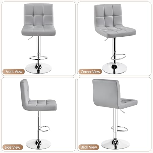 Image of Yaheetech Single Bar Stool, PU Leather Adjustable Barstools, Modern Counter Stools with Back and Footrest, Counter Height Barstools for Bar, Kitchen, Dining Room, Light Gray