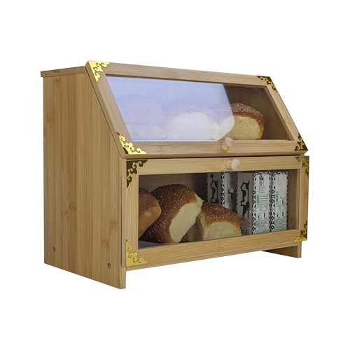 ARTAWEINLarge Wooden Bread Bin for Kitchen Countertop - 2 Tier Bamboo Bread Box with Clear Window - Double Layer Food Storage Container for Loaves, Pastries, Cakes & Bagels