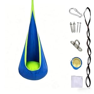 Hängesack Schaukel, Blau und Grün, mit Karabiner, Wandhalterung und Kissen, Hängehöhle für Innen und Außen (Blau)