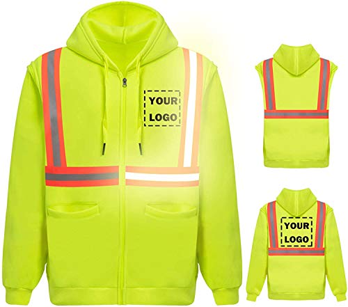 YOWESHOP High Visibility Hoodie Custom Your Logo Construction Sweatshirt for Men Full Zip Fleece Safety Jacket (Green-style3,S)