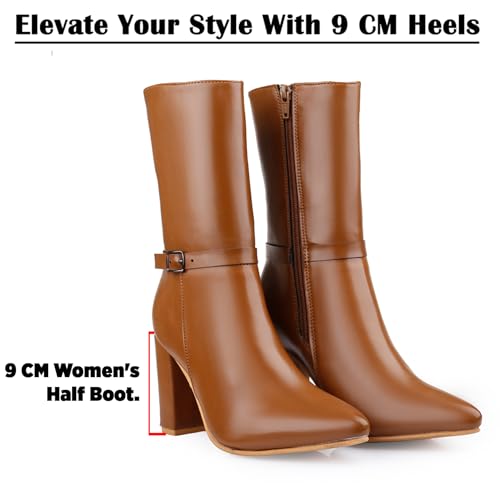 Image of Women's 3.5 Inch Block Heel Height, Classic Leather-Stylish Mid Calf (Half Boot) Buckle Boots