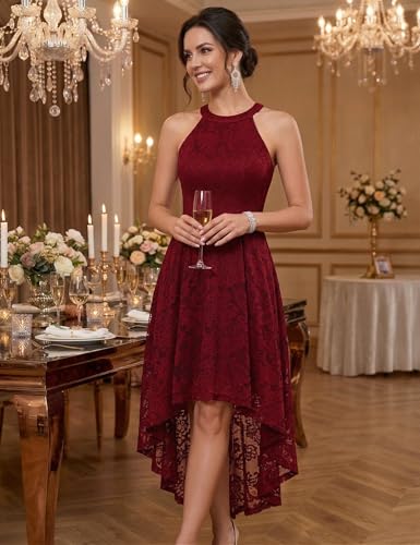 Image of Dressystar Women Halter Lace Wedding Guest Dress Hi-Lo Cocktail Party Bridesmaid Formal Dresses