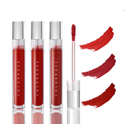 COLORROSE Long-lasting Liquid Lipstick, 3 Pack Red Matte Lipstick Set, Moisturizing Pigmented Velvety Lip Gloss Non-Sticky Cosmetics Makeup Kit
