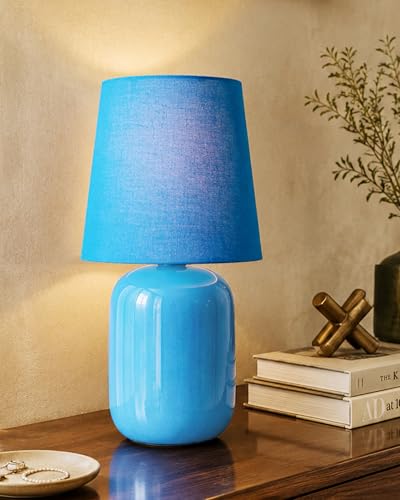 Image of Homesake Modern Small Ceramic LED Table Lamp, Classic Bedside Desk Lamp For Living Room Bedroom, Farmhouse Nightstand Lamps With Fabric Shade (Dovel Turquoise)
