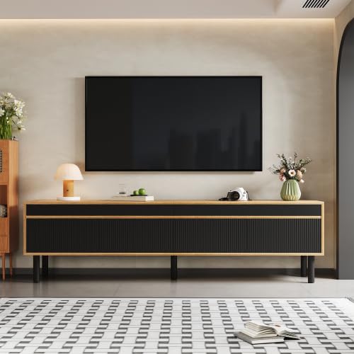 Merax Stylish TV Unit with 4 Doors, Black & Wood TV Stand Cabinet, Modern TV Table with Ample Storage, Raised Stripe Design, Durable MDF & Wood Construction