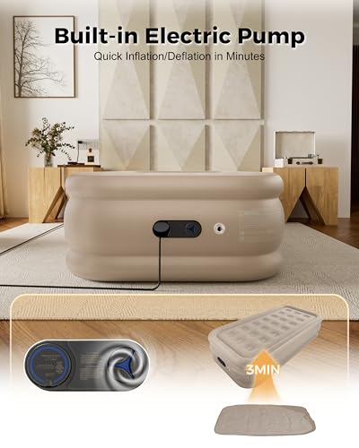 Image of Twin Air Mattress with Built in Pump, Single Blow up Air Bed with Portable Storage Bag, Suitable for Home and Guests, Top Flocking, 18 inch Twin Khaki