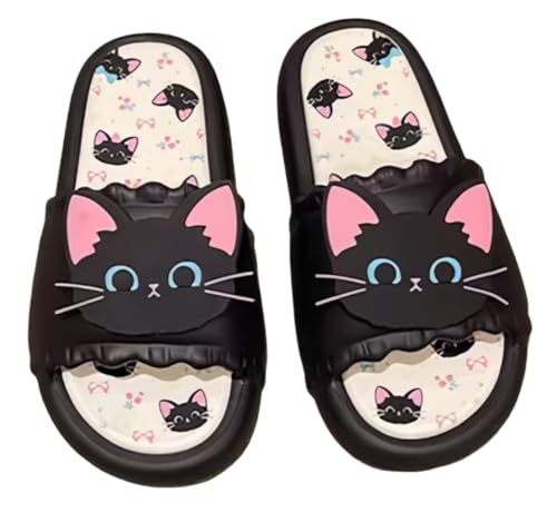 Cute Black Cat Summer Slides, Indoor Outdoor Slippers with Cat Face Design, Black and Pink