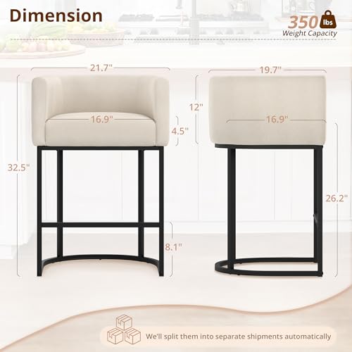 Image of LUE BONA Counter Height Bar Stools Set of 2, Modern Barrel Counter Stools with Backrest and Arms, Black Metal Frames, Linen Fabric Upholstered Accent Barstools for Kitchen Island, Linen Color