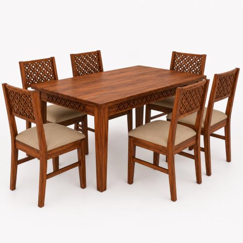 Image of Solid Sheesham Wood 6 Seater Dining Table Set for Home & Kitchen | Teak Finish Wooden Dining Set with 6 Cushioned Chairs | Table Size 57 x 30 x 29 Inches | Chair Size 17 x 17 x 35 Inches