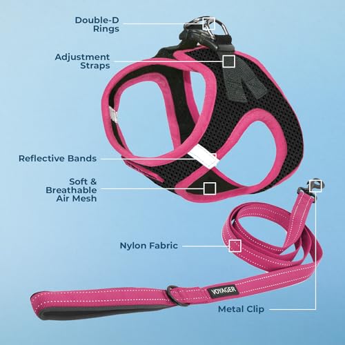Image of Voyager Step-in Air All Weather Mesh Harness & Reflective Dog 5 ft Leash Combo, Neoprene Handle, for Small, Medium, Large Breed Puppies by Best Pet Supplies - Leash Harness (Black /Pink Trim), M