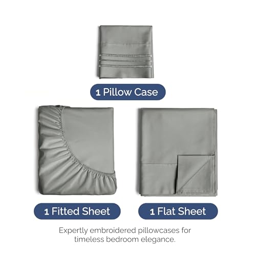 Image of Twin Size 3 Piece Sheet Set - Ultra Soft & Cooling Bed Sheets - Slate Grey | Fits 8 Inch to 16 inch Mattress, Wrinkle Free & Fade Resistant with Deep Pockets, Breathable, Comfy Hotel Luxury Bedding