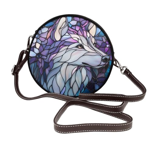 Stained Glass Pomsky Floral Art Women Round Crossbody Bags Leather Sling Bag Purse