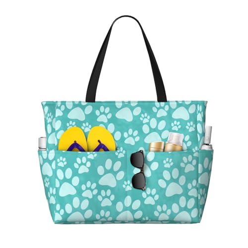 Hcpwzrf Teal Doggy Paw Print Large Beach Tote Bag For Women With Zipper & Wet Pocket, Lightweight Foldable Gym Tote For Travel, Grocery, Swim, Sports