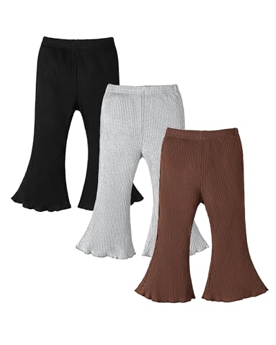 Image of Coaturi 3 Pack Baby Girl Pants: Infant Solid Ribbed Flare Pants Cotton Pull On Bottoms Leggings for Toddler 0-24 Months