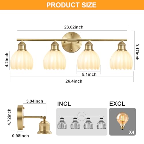 Image of Bathroom Light Fixtures, 4-Light Brushed Gold Vanity Lights for Bathroom with White Tulip Glass Shade, 26 inch Vintage Bathroom Vanity Lighting Fixtures Over Mirror for Bedroom Living Room Hallway