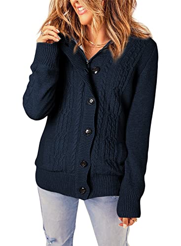 Sidefeel Women's Cardigan Hooded Fleece Lined Jackets Winter Cable Knit Sweater Coat Small Navy - Thumbnail 2