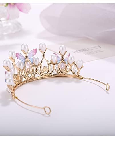 Image of Crystal Tiara Crown Pearl Princess Costume Crown Headband Flower Pageant Handmade Hair Accessories Cosplay,Birthday,Celebration for Girl Women