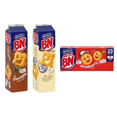 McVitie's BN 16 x Chocolate Biscuits, BN 16 x Vanilla Biscuits & 25 x Mini BN Strawberry Biscuits (5 Packs of 5)