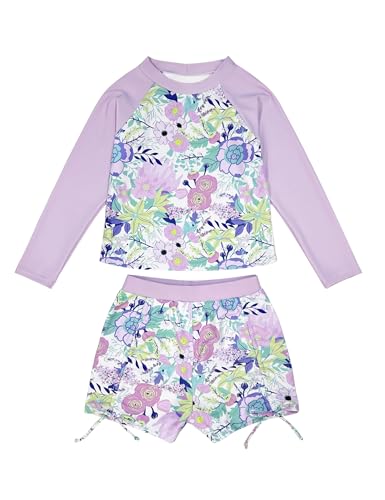 Image of Girls Swimsuit Long Sleeve Rash Guard Bathing Suit Two Piece Swimwear Swimming Tops and Ruched Shorts 4-13t
