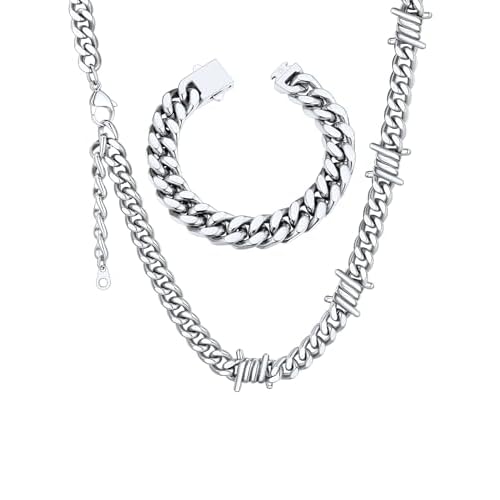 ChainsHouse Stainless Steel Men Barbed Wire Necklace Chain 9mm 22inch with Cuban Bracelet 12mm 23cm