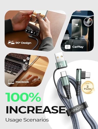 Image of AINOPE Right Angle USB C Cable [2-𝑷𝒂𝒄𝒌, 6.6FT] with USB Adapter, 60W iPad Charging Cord 90 Degree USB C Cabel for iPad Air /Pro,Carplay Cable Type C Fast Charging Gifts for iPhone 17 /16 /15 Pro Max