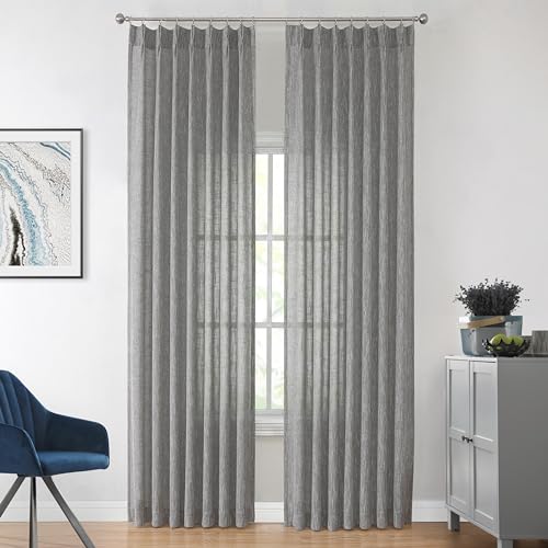 Image of Vision Home Grey Pinch Pleated Semi Sheer Curtains Textured Light Filtering Window Curtains 108 inch for Living Room Bedroom Rayon Blend Charcoal Grey Pinch Pleat Drapes with Hooks 2 Panels 40 inchWx108 inchL
