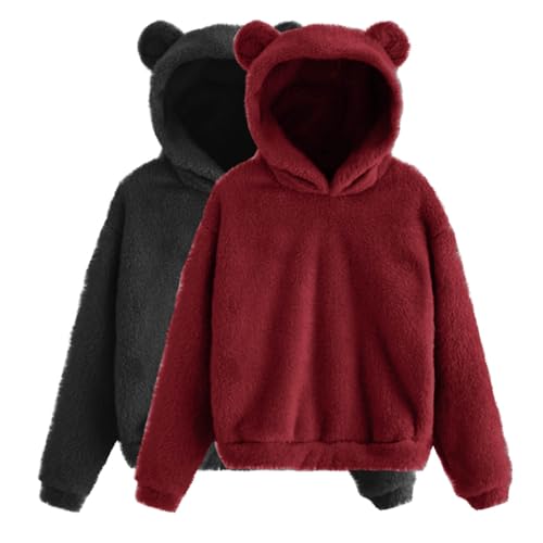 Akklian 2PC Women's Y2k Cute Teddy Bear Fleece Hoodie Sweatshirt Winter Fuzzy Warm Teen Girls Long Sleeve Sweaters Pullover