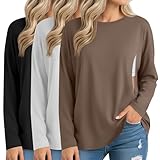 Sweetyweee 3 Pack Women's Nursing Breastfeeding Tops Long Sleeve Maternity Shirts Oversize Hidden Zipper Pregnancy Clothes(Light Brown, White, Black,Medium)