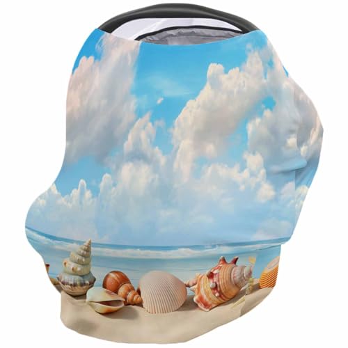 Nursing Cover for Breastfeeding Scarf, Blue Sky Ocean Conch Shell Summer Beach Baby Car Covers Super Soft Multi Use for Canopy Shopping Cart Cover Blanket Stroller Cover