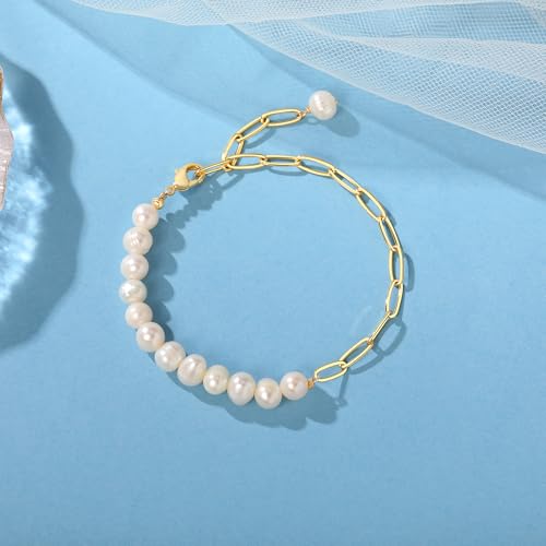 14K Gold Plated 7.3 Inch Baroque Freshwater Cultured Pearl Bracelet for Women - 7mm Pearls Paperclip Link Chain Bracelet, Unique Irregular Dainty Daily Wear Jewelry Gift For Her2