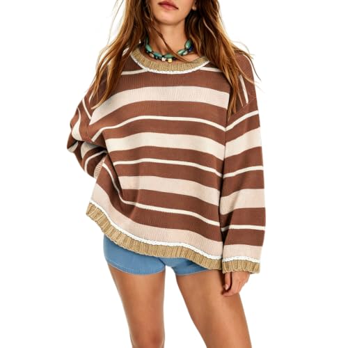 Oversized Sweaters for Women Knit Loose Cute Crew Neck Striped Thermal Tops - image 2