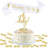 Aplicación: Perfecto para decorar fiesta de baby shower, tartas, cupcakes, pasteles, mesas, etc. El conjunto de adornos está diseñado de estilo baby shower, con la banda para futura mamá, el topper de tarta y los confetis puede crear una fiesta de bienvenida elegante y especial