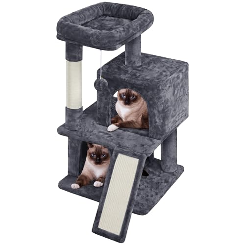 Yaheetech Arbre à Chat avec Griffoir et Poteaux en Sisal Centre d'activités 2 Niches 1 Boule de Peluche et 1 Platforme 49 x 45,5 x 91 cm Gris Foncé