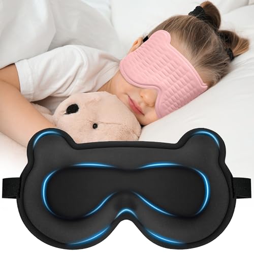 Kids Sleep Mask, 3D Sleeping Eye Mask for Kids with Adjustable Elastic Strap, Bear Shape Eye Cover with Memory Foam, Soft & Light-Blocking, Gift for Boys Girls Teens Age 5&ndash;15 (Pink)