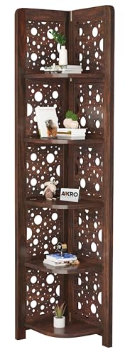 Image of Sheesham Wood Cricle Corner Shelf for Living Room Bedroom Home | CNC 5 Tier Corner Bookshelf | Wooden Ladder Bookcase Display Unit (Walnut Finish)