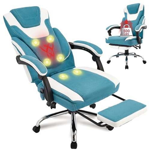 Image of Massage Office Chair with Footrest,6-Point Vibration and Heat Executive Office Chairs,Ergonomic Desk Chair for Heavy People,500LBS Big and Tall Fabric Office Chair,Reclining Managerial Chair,Bluewhite