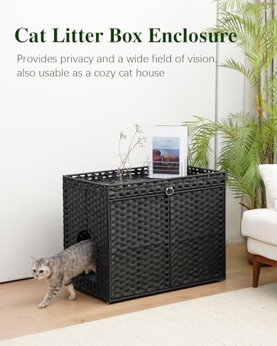 Image of SETVSON Cat Litter Box Enclosure Furniture, Hidden Litter Box, Cat Litter Box Cabinet with 2 Litter Mats, Handwoven Rattan Large Space Cat House, Indoor for Living Room, Bedroom, Apartment Black