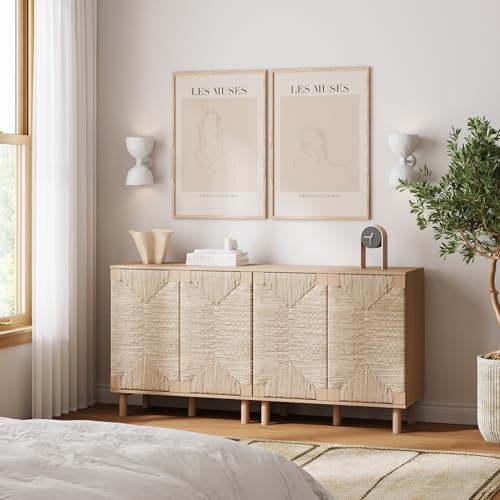 Image of Nathan James Beacon Boho TV Stand, Free Standing Kitchen Cabinet Storage with Adjustable Interior Shelf and Seagrass Accent, Seagrass /Raw Oak, Set of 2