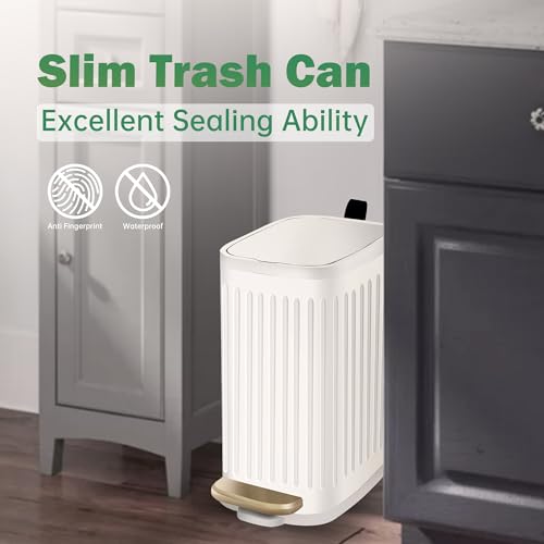 Image of Slim Bathroom Trash Can with Lid Soft Close Odor Filter&Step Pedal, 5L /1.3 Gallon Stainless Steel Small Garbage Can Inner Bucket,Slim Metal Wastebasket-Narrow Bedroom, Office, Kitchen,White