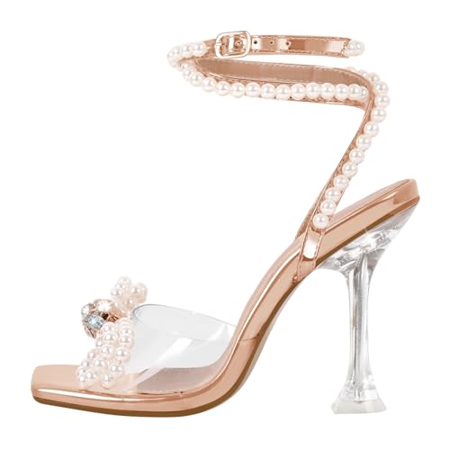 Image of Yolkomo Women's Square Toe Clear Heels Sexy Rhinestone Bow Heels Open Toe Ankle Strap Stiletto High Heel Sandals