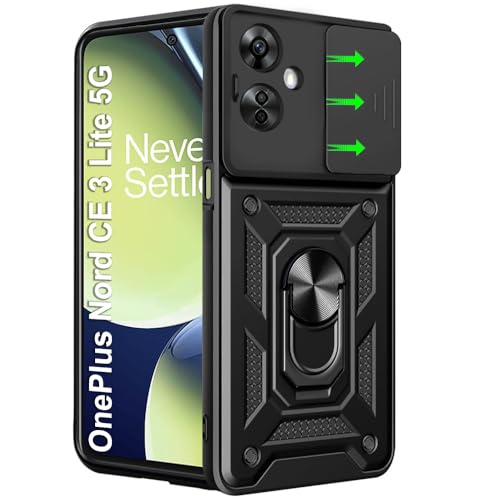 Image of TheGiftKart Tough Armor Bumper Back Cover Case for OnePlus Nord CE 3 Lite 5G | Ring Holder & Kickstand in-Built | 360 Degree Protection Back Cover Case (PC & TPU, Sliding Camera Cover, Black)
