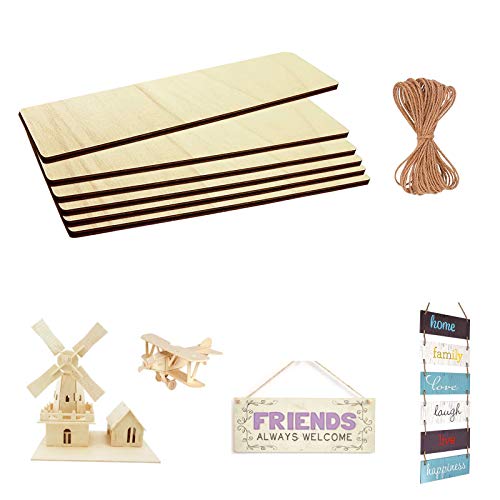 Unfinished Wood Sign Blank Rectangle Hanging Wooden Plaque DIY Craft Project Wood Sign with Rope Door Wall Art (15.7 x 4.7 x 0.2 in, 6-Pack)