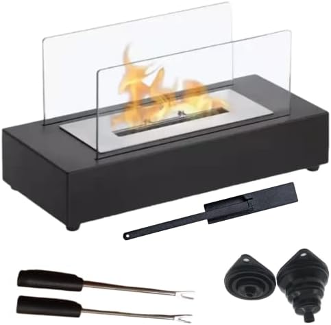 MTAPF® Tabletop Fire Pit Indoor Outdoor Portable Table Top Firepit with Funnel and Skewers Real Flame Smokeless Odorless Bio Ethanol Fuel Fireplace for Decor Patio or Smores (7x14, Black)
