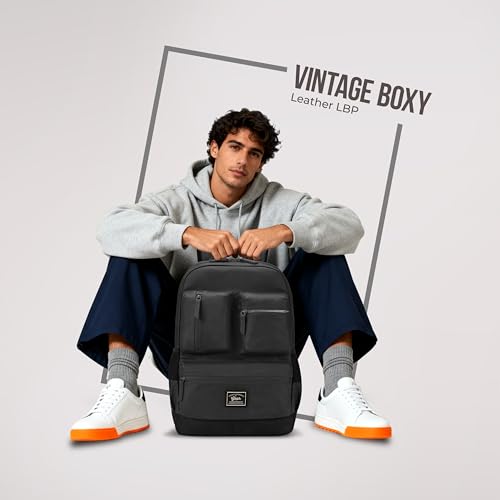 Image of Gear Vintage Boxy 18 inch /26L Medium Faux Leather Water Resistant Laptop Backpack /Casual Bag /Daypack /Travel Backpack /College Backpack For Men /Women (Black - Black)