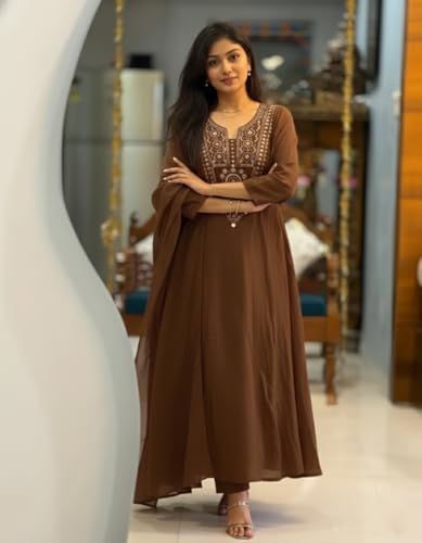 Image of ANNI Designer Women Viscose Embroidered Anarkali Kurta with Palazzo and Dupatta | Ladies Kurta Palazzo Dupatta Set | Ethnic Wear Indian Traditional Clothing for Women