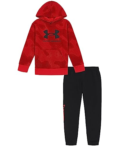 Under Armour Boys' 2-Piece Hoodie Set, Pullover Sweatshirt and Fleece Pants, Red Lino Wave, 7